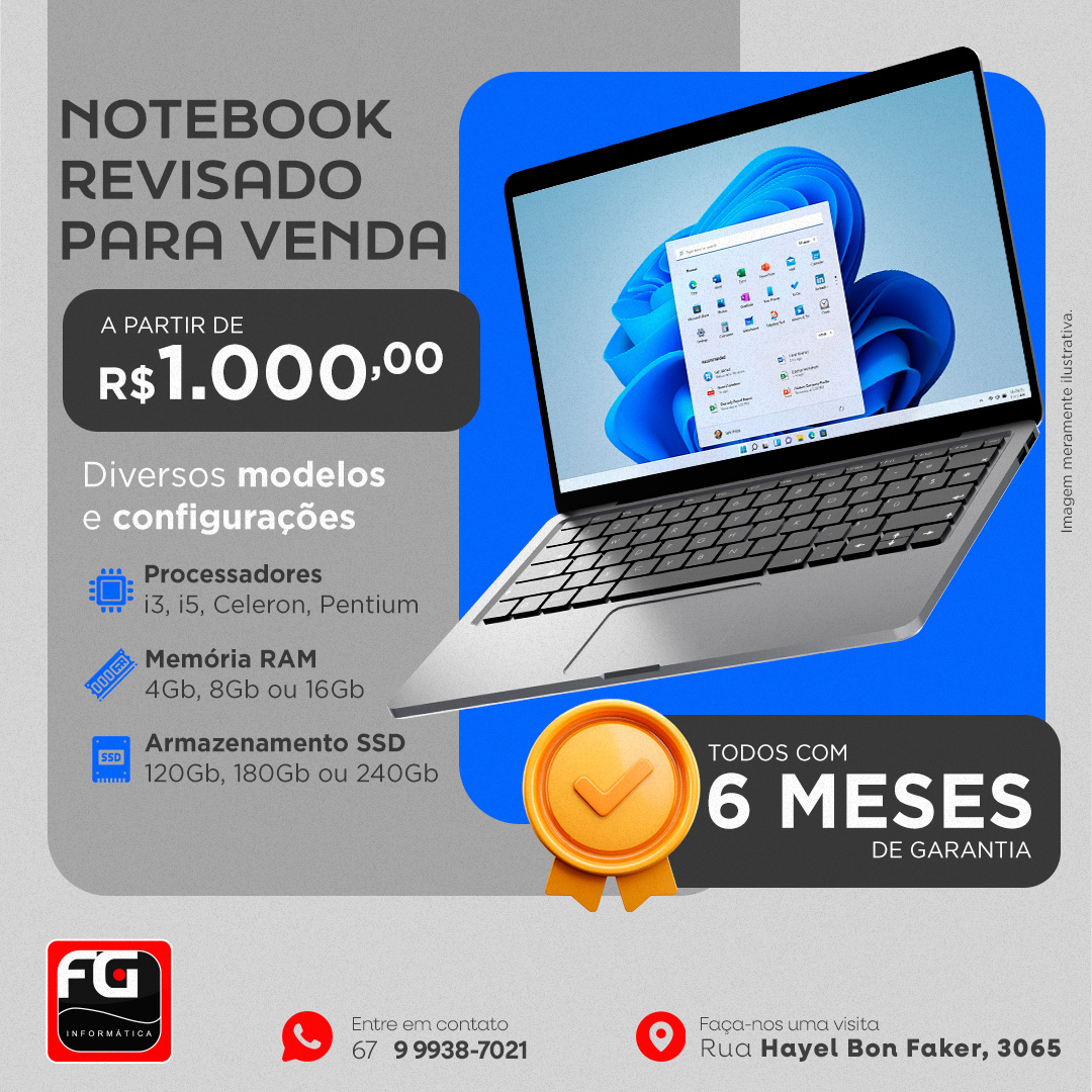 Material promocional da FG Informática: notebooks revisados a partir de R$ 1.000,00 com 6 meses de garantia; imagem ilustrativa