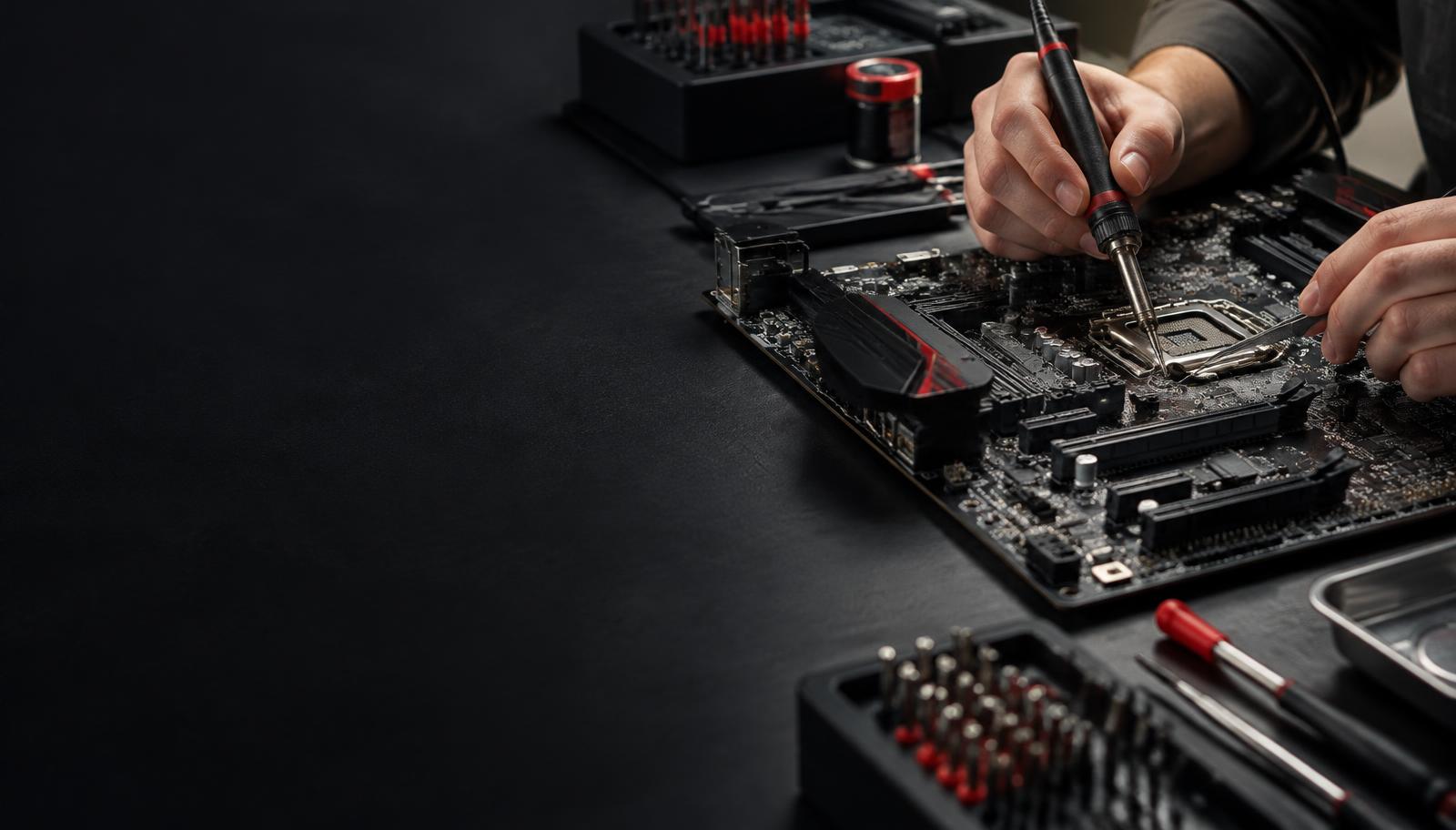 Imagem ilustrativa de reparo eletrônico em uma placa de computador